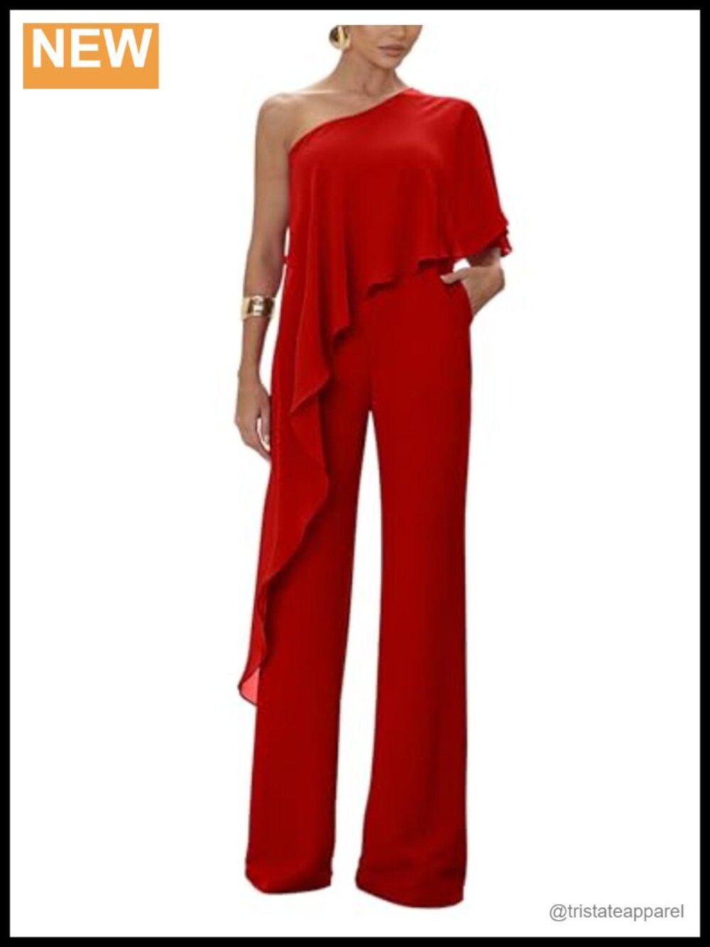 One Shoulder Short Sleeve Wide Leg Jumpsuit Ruffle Tulle Pockets